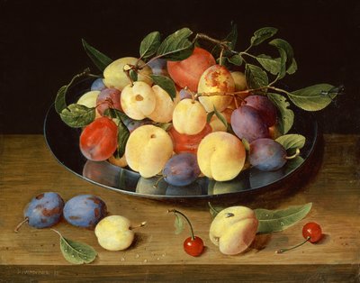 Szilva és őszibarack óntányéron (olaj) alkotó: Jacob van Hulsdonck