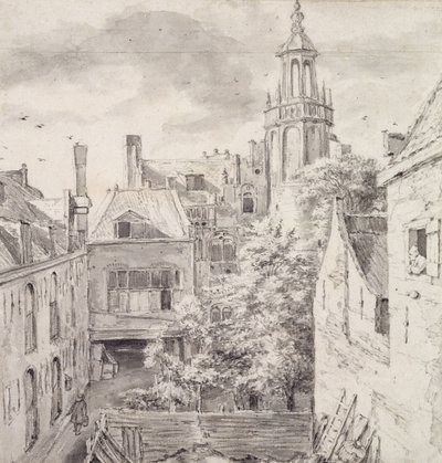 Kilátás a St. Sebastian Guild íjászok házának udvarára a Singelen Amszterdamban (ceruza és mosás papíron) alkotó: Jacob van Ruisdael