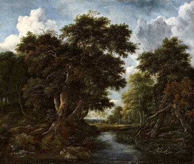 Erdős táj vadászokkal és egy folyóval alkotó: Jacob van Ruisdael