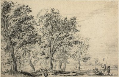 Erdős folyó táj három ember horgászattal alkotó: Jacob van Ruisdael