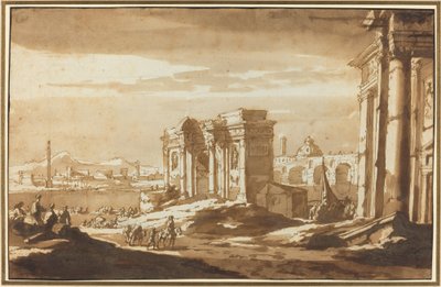 Capriccio kilátás a római romokra a Tiberis mentén alkotó: Jacob van der Ulft