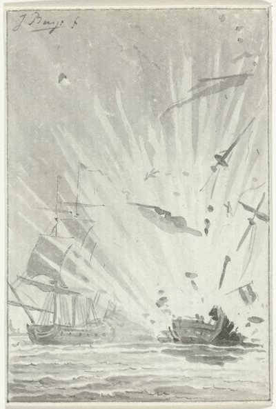 De Dappere Patriot holland magánember felrobbanása a Kameleon angol hajóval vívott csatában, 1781. augusztus 14. alkotó: Jacobus Buys