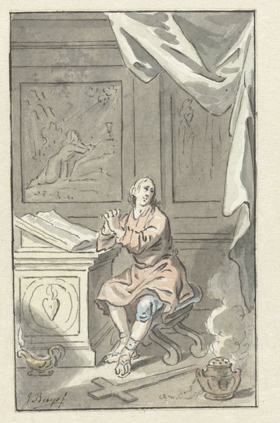 Ülő ember ölbe tett kézzel, a Biblia mögött alkotó: Jacobus Buys