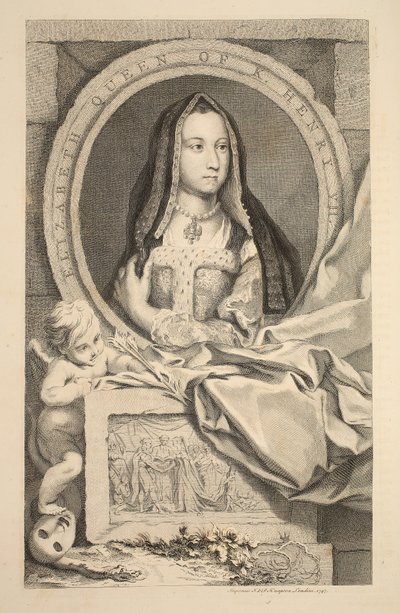 Erzsébet, VII. Henrik királynője portréja, illusztráció a „Nagy-Britannia jeles személyeinek vezetői”, kocsma. Írta: Knapton, London, 1742 alkotó: Jacobus Houbraken
