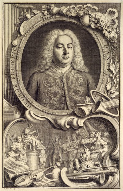 Portré G.F. Händel, melynek címe „Izrael Egyiptomban”, Londonban jelent meg alkotó: Jacobus Houbraken