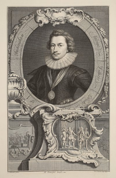 George Villiers, Buckingham herceg portréja, illusztráció a „Nagy-Britannia jeles személyeinek fejei”, kocsma. Írta: Knapton, London, 1742 alkotó: Jacobus Houbraken