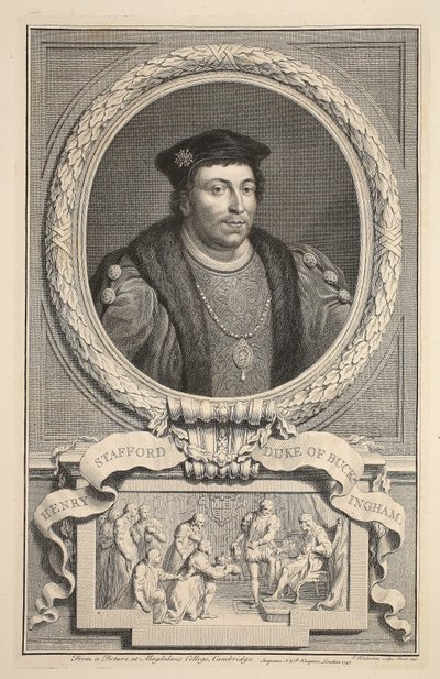 Henry Stafford, Buckingham herceg portréja, illusztráció a „Nagy-Britannia jeles személyeinek vezetői”, kocsma. Írta: Knapton, London, 1742 alkotó: Jacobus Houbraken