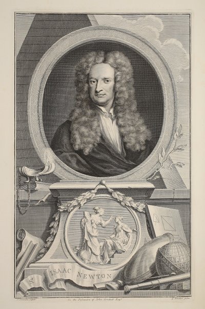 Isaac Newton portréja, illusztráció a „Heads of Illustrious Persons of Great Britain”, pub. Írta: Knapton, London, 1742 alkotó: Jacobus Houbraken
