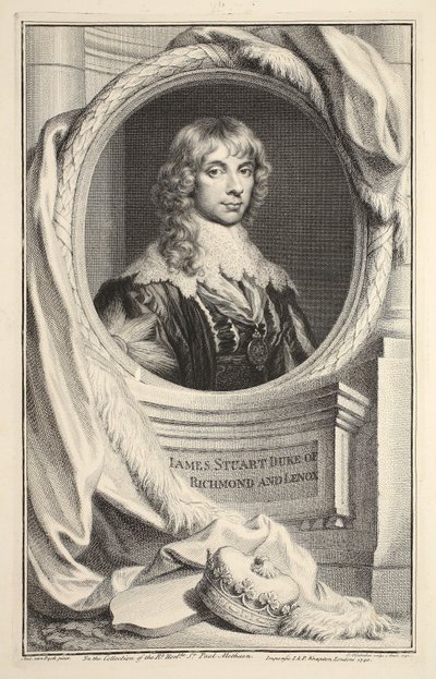 James Stuart, Richmond és Lennox herceg portréja, illusztráció a „Heads of Illustrious Persons of Great Britain”, pub. Írta: Knapton, London, 1742 alkotó: Jacobus Houbraken