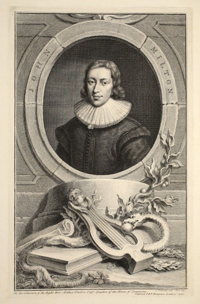 John Milton portréja, illusztráció a "Heads of Illustrious Persons of Great Britain" című kötetből, Knapton kiadó, London 1742. alkotó: Jacobus Houbraken