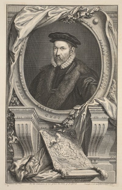 Nicholas Bacon portréja, illusztráció a „Heads of Illustrious Persons of Great Britain”, pub. Írta: Knapton, London, 1742 alkotó: Jacobus Houbraken