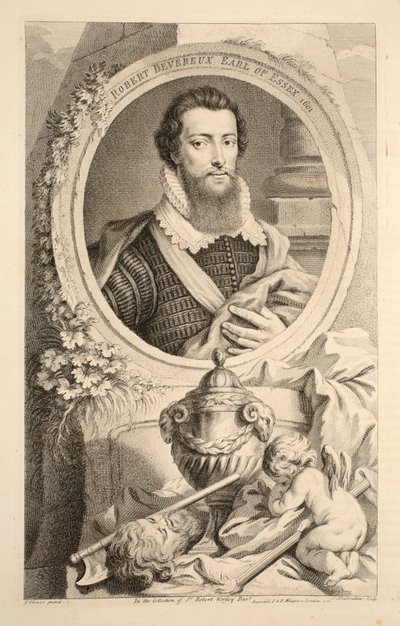 Robert Devereux, Essex grófjának portréja, 1601, illusztráció a „Heads of Illustrious Persons of Great Britain”, pub. Írta: Knapton, London, 1742 alkotó: Jacobus Houbraken