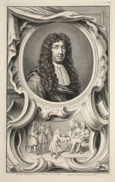 Savile, Halifax márki portréja, illusztráció a „Nagy-Britannia jeles személyeinek vezetői”, kocsma. Írta: Knapton, London, 1742 alkotó: Jacobus Houbraken
