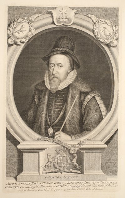 Thomas Sackville, Dorset grófjának, Buckhurst bárójának portréja, illusztráció a „Heads of Illustrious Persons of Great Britain”, pub. Írta: Knapton, London, 1742 alkotó: Jacobus Houbraken