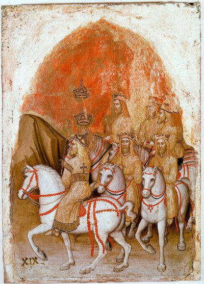 A Jelenések Poliptichonjának jobb oldali panele: a hét király ábrázolása, akiket ezután a hétfejű Bete testesít meg. Detrempe fán Jacobello Alberegno (1367-1397 kb.) 1360-1390. Gallerie dell