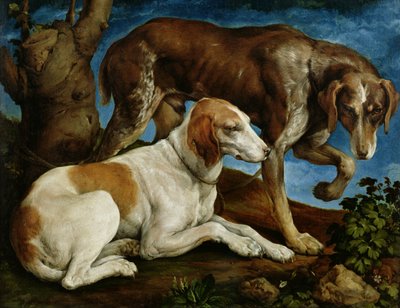Két vadászkutya egy fatönkhöz kötve, 1548-50 körül alkotó: Jacopo Bassano