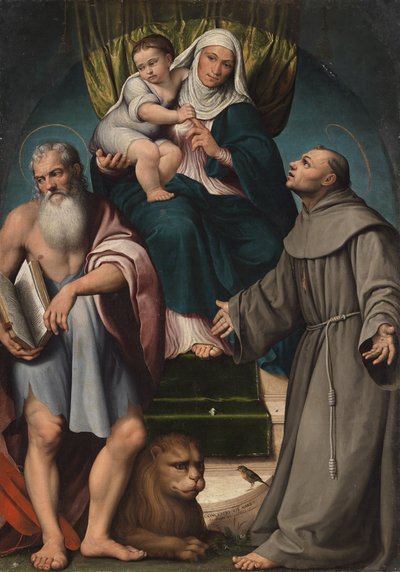 Szent Anna és a csecsemő Krisztus, aki Szent Jeromos és Ferenc között trónol, 1541. alkotó: Jacopo Bassano il vecchio