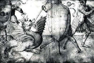 Sárkánnyal harcoló harcosok, 1450 körül (tinta pergamenre) alkotó: Jacopo Bellini