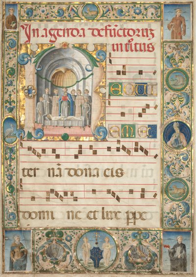 Levél egy fokozatról: kezdőbetű (R) halotti misével (recto) alkotó: Jacopo Filippo d