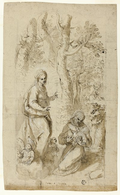 Assisi Szent Ferenc látomása (recto); Szent Jeromos, Szent Ferenc látomása és két kis vázlat Szent Ferencről, aki a Krisztus Gyermekét tartja (verso) alkotó: Jacopo Palma il Giovane