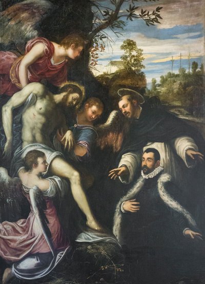 Három angyal, Szent Domonkos és az adományozó által támogatott halott Krisztus. alkotó: Jacopo Robusti Tintoretto