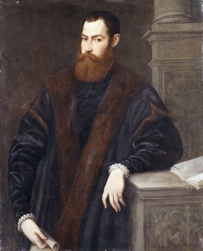 Háromnegyed hosszúságú úriember portréja, prémes kabátban, kezében egy iratot tartva, egy talapzatnak támaszkodva, alkotó: Jacopo Robusti Tintoretto