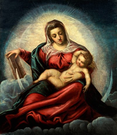 Madonna és gyermek egy mandorlában a félholdon és a felhőkön, a bölcsesség könyvével alkotó: Jacopo Robusti Tintoretto