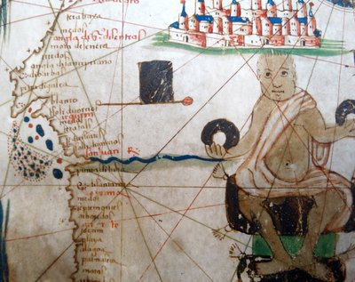 Részlet egy afrikai uralkodót ábrázol Európa reneszánsz térképéről, Jacopo Russo (utána), 1528 alkotó: Jacopo Russo