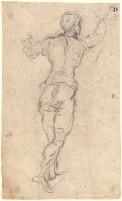 Egy felemelt karral lépkedő fiatal, hátulról nézve alkotó: Jacopo Tintoretto