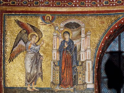 Annunciáció, a Szűz megkoronázásának és Mária történeteinek részlete, Jacopo Torriti alkotása, mozaik az apszis medencéjében, Santa Maria Maggiore bazilika, Róma, Olaszország alkotó: Jacopo Torriti