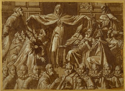 A Madonna della Misericordia St. Ferenc és Domonkos, más szentekkel és uralkodókkal, valamint egy adományozó családdal (toll és barna tinta mosással és fehér testszín a papíron) alkotó: Jacopo Zucchi