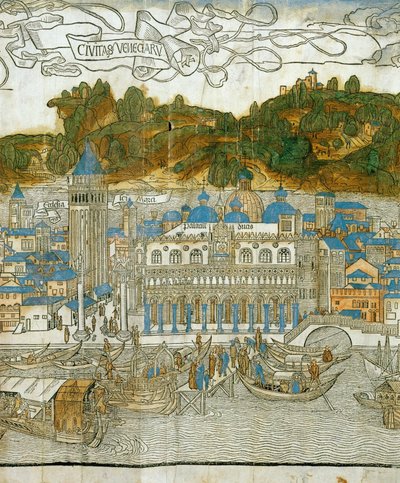 Velence és a régi campanile a földrengés okozta pusztulás előtt, a Pregrinatio in Terram Sanctam című, először 1486-ban nyomtatott könyvből ... (fametszet). alkotó: Jacopo de