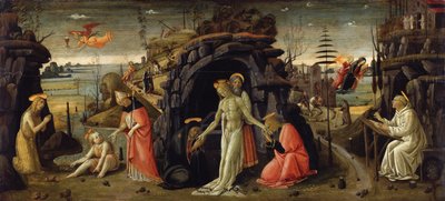 Tájkép bibliai jelenetekkel és szentlegendák jeleneteivel alkotó: Jacopo del Sellaio
