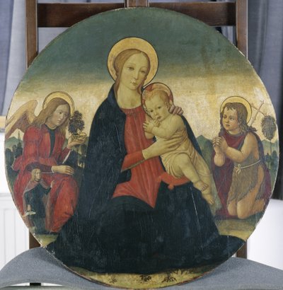 Madonna és gyermek Rafael arkangyallal és Szent Jánossal, 1490 körül (tempera nyárfán) alkotó: Jacopo del Sellaio