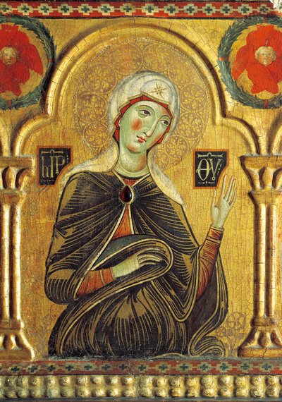 Mária-alak, Megváltó Madonnával és három szenttel, Meliore Toscano vagy Meliore di Jacopo (kb. 1255-1285), tempera és arany táblán, 85x210 cm alkotó: Jacopo di Meliore