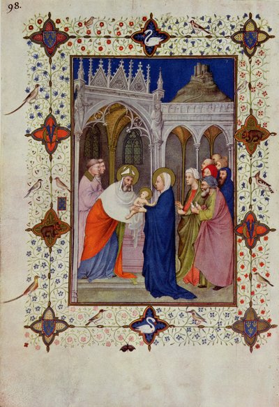 MS 11060-11061 Notre-Dame-i órák: Nincs, A templomban való bemutatás, a "Tres Riches Heures du Duc de Berry" című kötetből. alkotó: Jacquemart de Hesdin