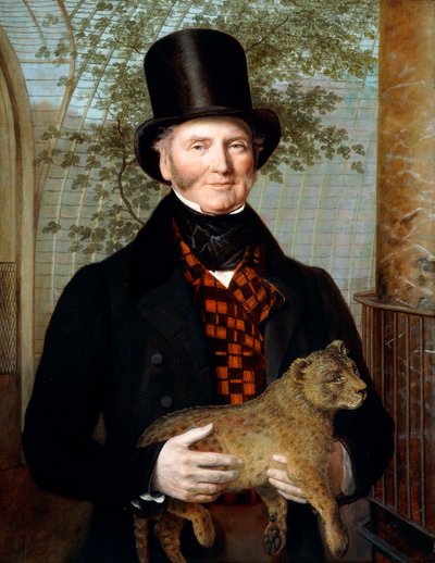 Edward Cross félalakos portréja fekete kabátban és piros kockás mellényben, kezében egy Oroszlánkölyök alkotó: Jacques-Laurent Agasse