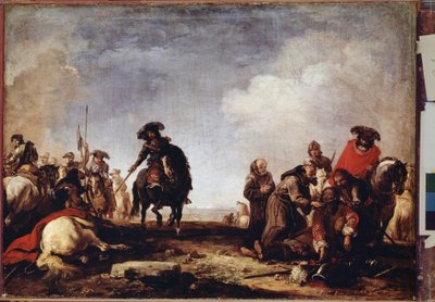 ""A csata után"" (A csata után) Egy csoport szerzetes átmegy a sebesültek között, hogy megáldja őket. Jacques Courtois (1621-1696) festménye 17. századi Ermitázs Múzeum, Szentpétervár (Szentpétervár) alkotó: Jacques Courtois