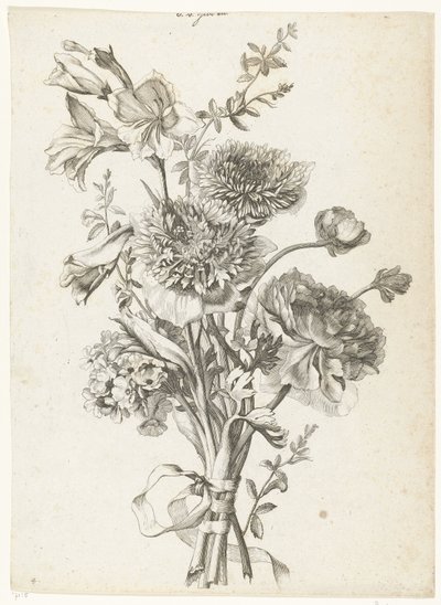 Csokor kökörcsin Csokor kökörcsinnel, bazsarózsával, szárvirágokkal és kardvirággal Diverse Fleurs mises en Boucquets (sorozat címe) alkotó: Jacques Bailly (I)
