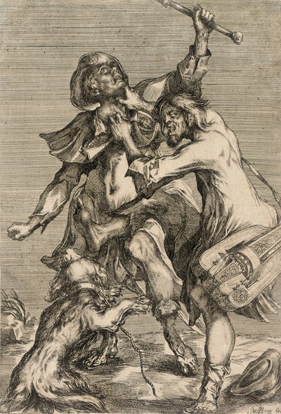 Zarándokot támadó tekerőlantos alkotó: Jacques Bellange