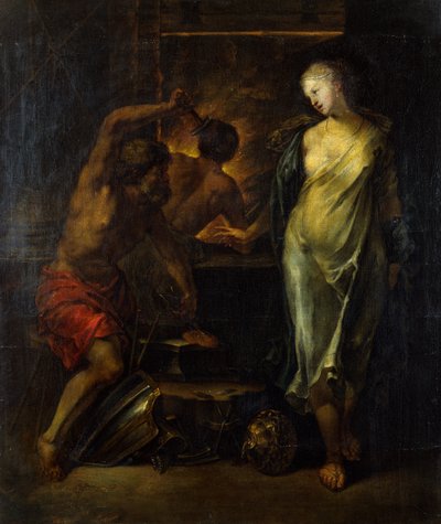 A vulkán Akhilleusz páncélját kovácsolja Thetis felügyelte (olaj, vászon) alkotó: Jacques Blanchard