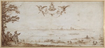 Toul kilátása a síkságon, táj alakokkal, az ég porcellák karjaival (toll és barna tinta pergamen) alkotó: Jacques Callot