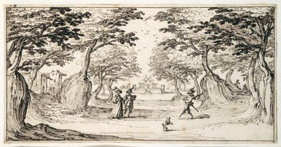 Egy finom hölgy és úriember táncol az erdőben lantra, egy kastély a távolban (toll és barna tinta a papíron) alkotó: Jacques Callot