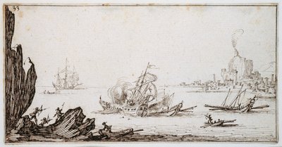 Egy gálya döngölte a hajók közepén egy hadiember vitorla alatt, a kikötő látószögében, 1617 körül (toll és barna tinta a papíron) alkotó: Jacques Callot