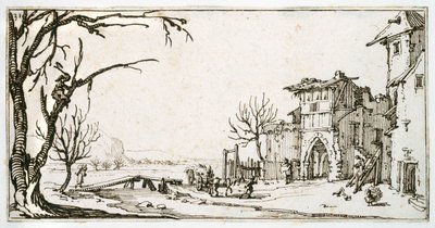 Egy falu középkori kapujához szénát hoznak, egy ágat levágott férfi egy Israel Silvestre albumából, 1630 körül (toll és tinta papíron) alkotó: Jacques Callot