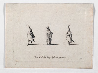 Egy hölgy hosszú kabátban és két lovaslovag, ... (metszet) alkotó: Jacques Callot