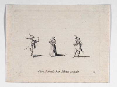 Egy hölgy borosüveggel és két lovaslovaggal, ... (metszet) alkotó: Jacques Callot