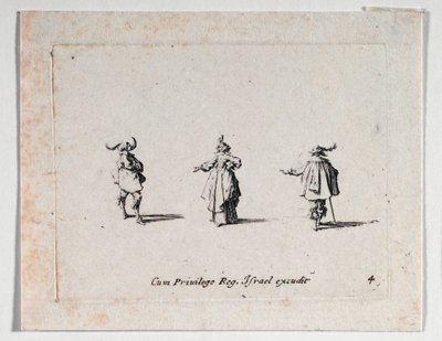 Egy hölgy kinyújtott kézzel és két lovas, a ... (metszet) alkotó: Jacques Callot