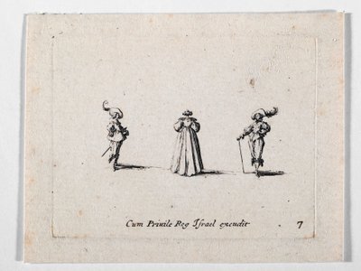 Hátulról nézve egy gazdagon rakott ruhás hölgy és két lovas, Les Fantaisies de Noble J. Callot ... (metszet) alkotó: Jacques Callot
