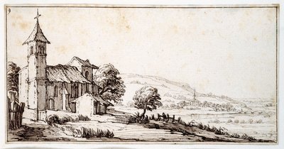 Folyói táj Nancy közelében, Maxeville falu templomával és egy másikkal a közepén, egy Israel Silvestre albumból, 1630 körül (toll és tinta papíron) alkotó: Jacques Callot